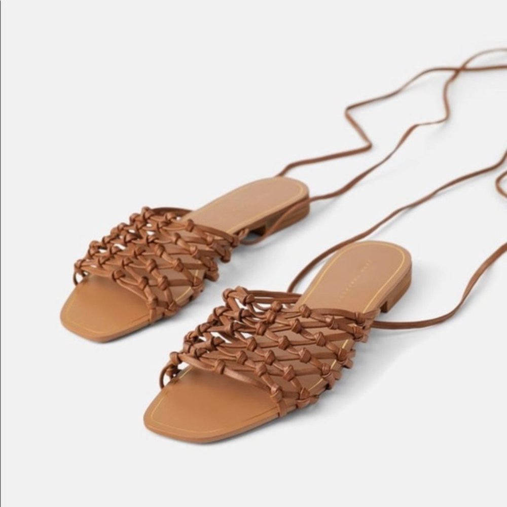 Zara | Trafaluc Brown Leather Basket Weave Sandals | Size 40EU/9US